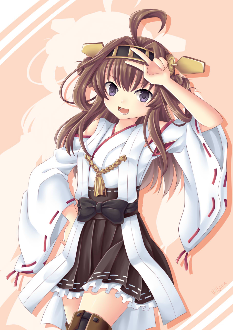 1girl :d ahoge brown_hair detached_sleeves double_bun hairband hand_on_hip head_tilt highres kantai_collection kongou_(kantai_collection) long_hair looking_at_viewer nontraditional_miko open_mouth pleated_skirt skirt smile solo thigh-highs villyane violet_eyes zettai_ryouiki