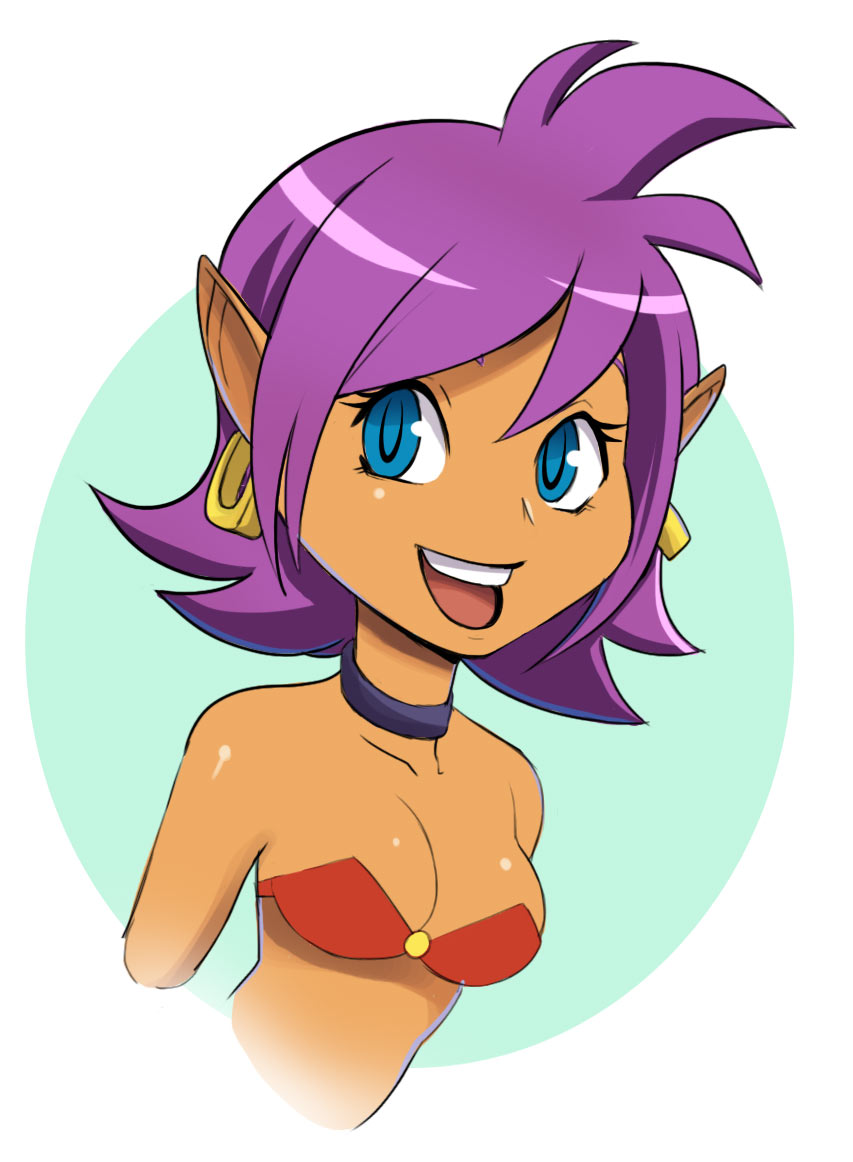 1girl alternate_hair_length alternate_hairstyle bandolier bare_shoulders blue_eyes breasts bust choker cleavage dark_skin earrings g138 jewelry open_mouth pointy_ears purple_hair shantae shantae_(character) short_hair smile solo