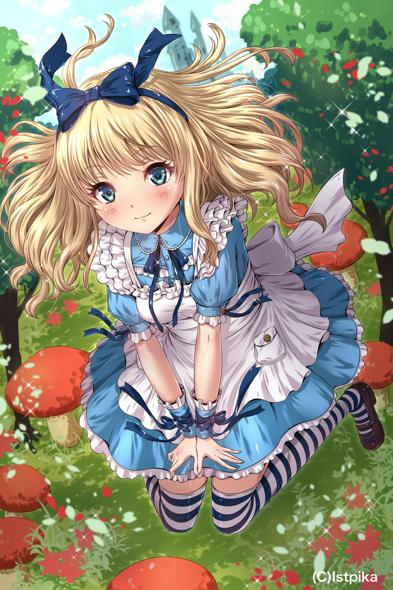 1girl alice_(wonderland) alice_in_wonderland apron bangs blonde_hair blue_dress blue_eyes blush bow chaki-yam dress eyelashes floating_hair frilled_dress frills full_body grass hair_bow hair_ribbon hairband highres kneeling light_smile long_hair looking_at_viewer mary_janes mushroom outdoors outstretched_hand puffy_short_sleeves puffy_sleeves ribbon shoes short_sleeves solo sparkle striped striped_legwear thigh-highs tree v_arms wing_collar wrist_cuffs