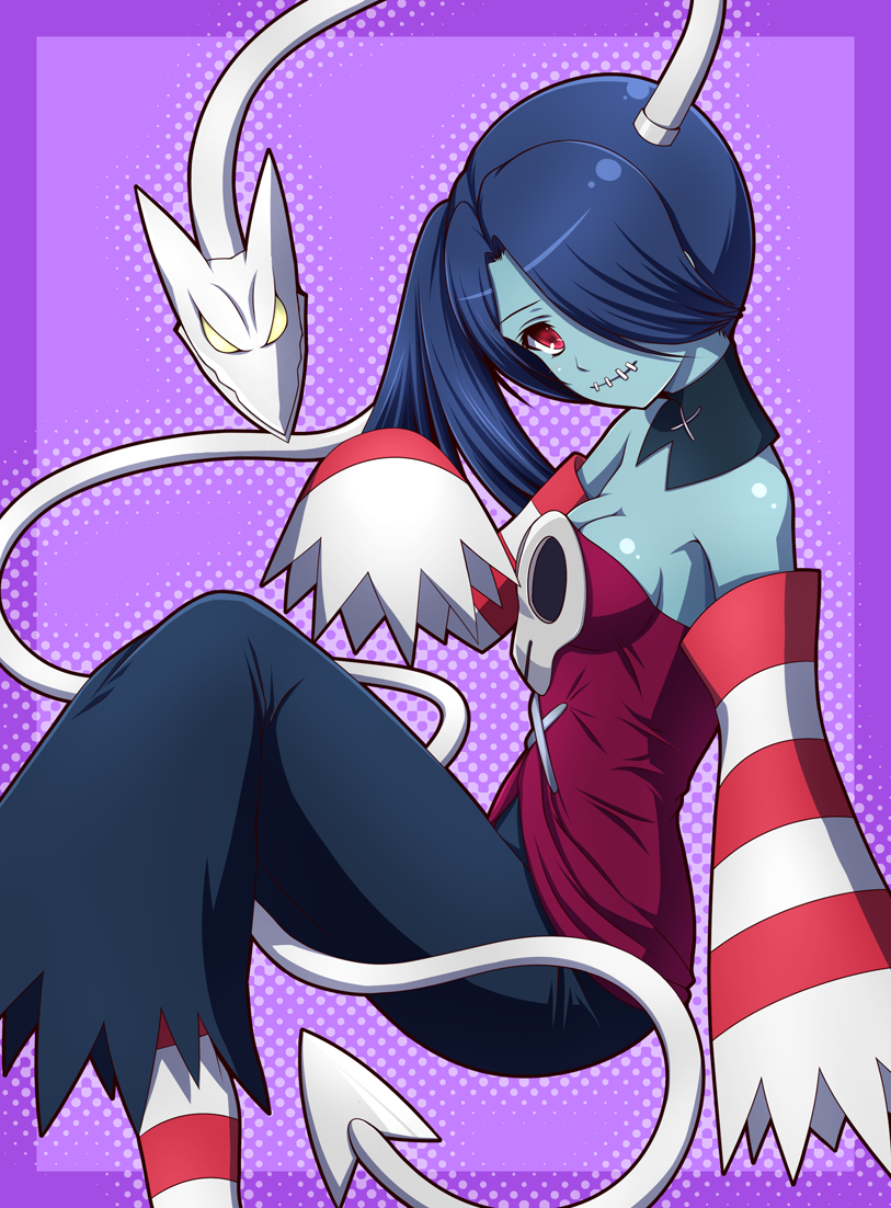 1girl bare_shoulders blue_skin breasts cleavage detached_collar detached_sleeves hair_over_one_eye kk-sk-ray red_eyes side_ponytail sienna_contiello skull skullgirls solo stitched_mouth striped striped_sleeves zombie