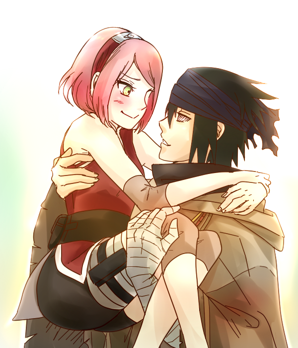 1boy 1girl black_hair carrying cloak couple green_eyes haruno_sakura hetero love naruto naruto:_the_last pink_hair princess_carry smile uchiha_sasuke