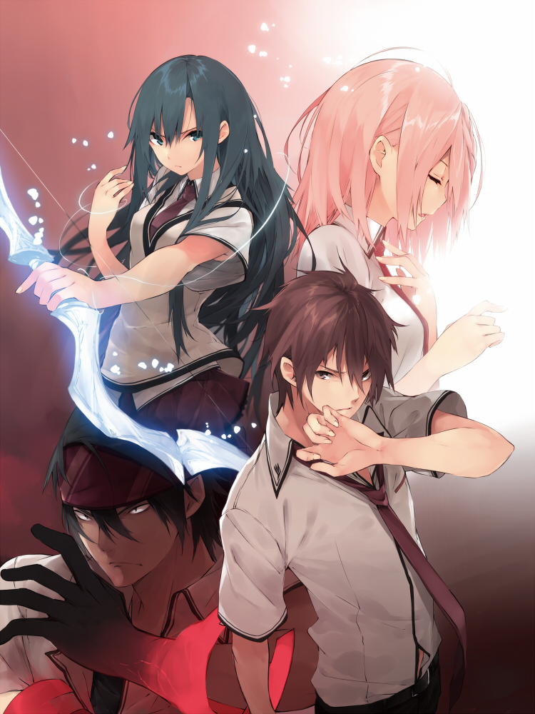 2boys 2girls aqua_eyes black_hair bow_(weapon) brown_eyes brown_hair character_request closed_eyes copyright_request dengeki_bunko holding kuwashima_rein long_hair looking_at_viewer multiple_boys multiple_girls necktie official_art open_mouth pink_hair school_uniform weapon