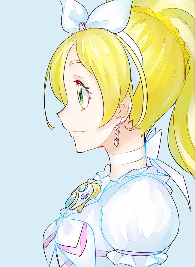 1girl blonde_hair blue_background braid choker cure_rhythm dress earrings eyelashes green_eyes hair_ornament hair_ribbon hairband jewelry kurochiroko long_hair looking_to_the_side magical_girl minamino_kanade ponytail precure puffy_sleeves ribbon simple_background single_braid solo suite_precure white_dress