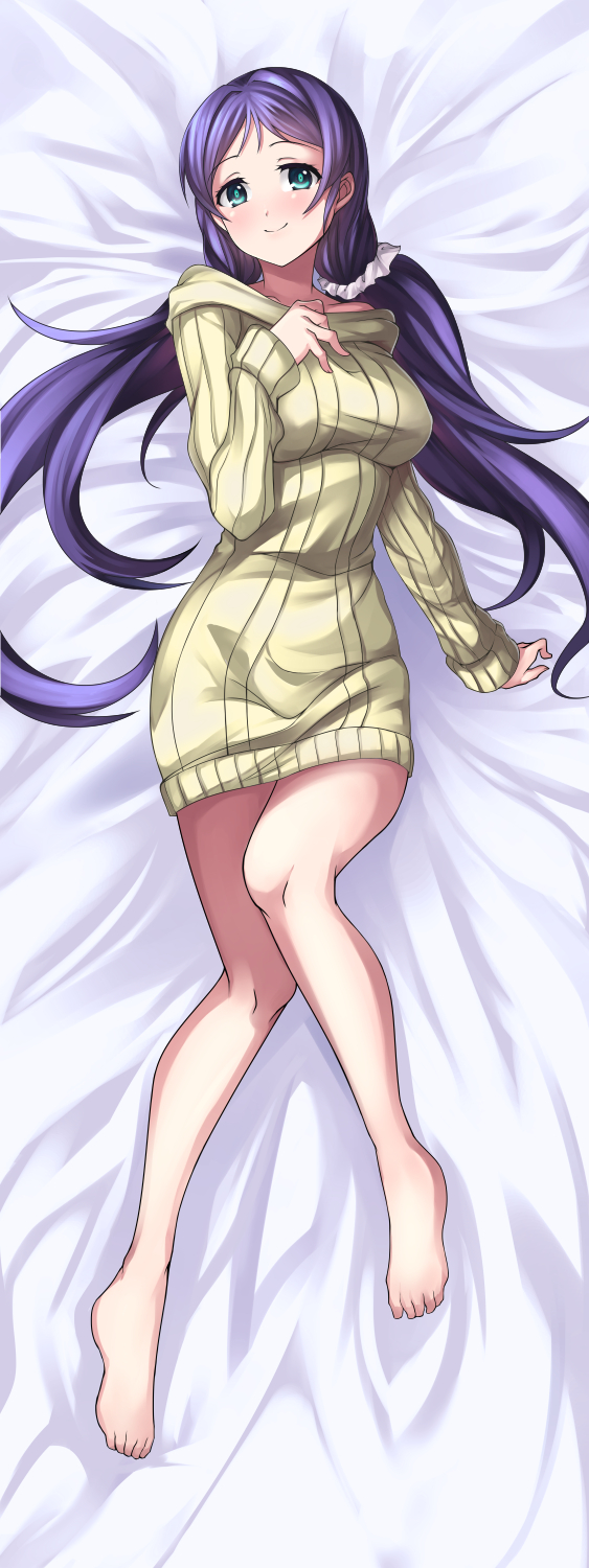 1girl aqua_eyes bare_legs bare_shoulders barefoot bed_sheet blush breasts dakimakura hand_on_own_chest highres long_hair looking_at_viewer love_live!_school_idol_project low_twintails purple_hair ribbed_sweater saiste smile solo sweater toujou_nozomi twintails very_long_hair
