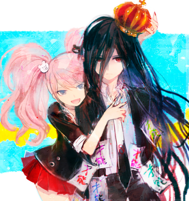 1boy 1girl black_hair blue_eyes crown dangan_ronpa enoshima_junko kamukura_izuru long_hair looking_at_viewer necktie open_mouth pink_hair pleated_skirt red_eyes skirt spoilers super_dangan_ronpa_2 twintails very_long_hair yuhazu_(rhe-rhe)