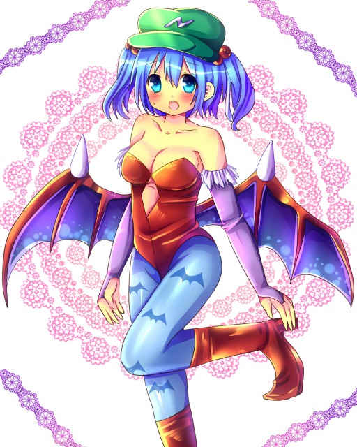 1girl :d alternate_costume bat_wings blue_eyes blue_hair breasts chocolat_(momoiro_piano) cleavage cosplay hair_bobbles hair_ornament hat kawashiro_nitori lilith_aensland lilith_aensland_(cosplay) looking_at_viewer open_mouth pantyhose smile solo standing_on_one_leg touhou two_side_up vampire_(game) wings