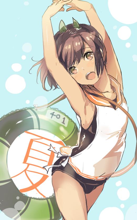 1girl :o armpits arms_up cowboy_shot i-401_(kantai_collection) innertube kantai_collection looking_at_viewer ponytail sakuragi_kei school_swimsuit sketch solo swimsuit swimsuit_under_clothes