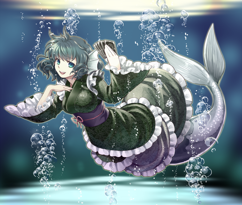 1girl :d aqua_eyes grey_hair head_fins holding looking_at_viewer mermaid monster_girl open_mouth short_hair smile socha solo spell_card touhou underwater wakasagihime
