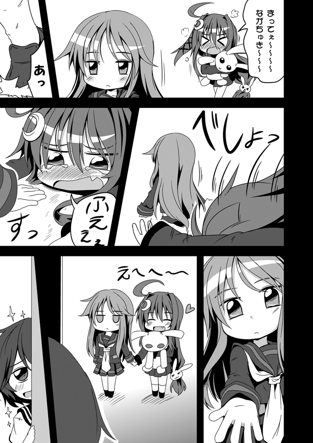 &gt;_&lt; 3girls :3 ^_^ ahoge blush bunny_hair_ornament closed_eyes comic crescent_hair_ornament expressive_clothes falling fang flat_gaze hair_ornament heart holding ichimi kantai_collection monochrome multiple_girls mutsuki_(kantai_collection) nagatsuki_(kantai_collection) open_mouth school_uniform serafuku smile sparkle stuffed_animal stuffed_bunny stuffed_toy tears translation_request tripping uzuki_(kantai_collection)