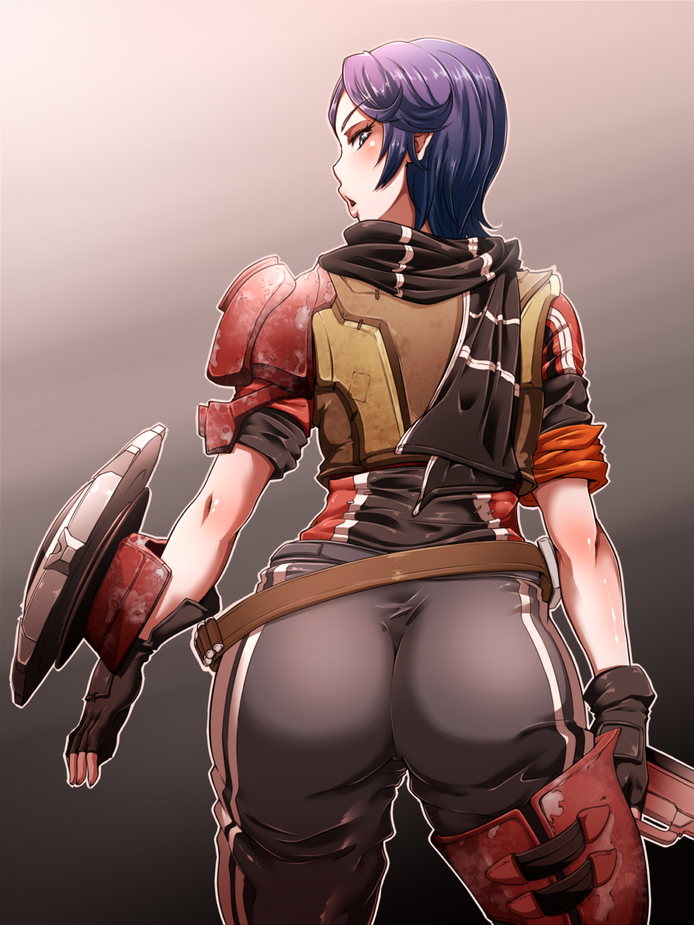 1girl ass athena belt borderlands_presequal fingerless_gloves gloves highres kanta_(k_n_t_r_o) looking_at_viewer looking_back parted_lips purple_hair short_hair solo violet_eyes