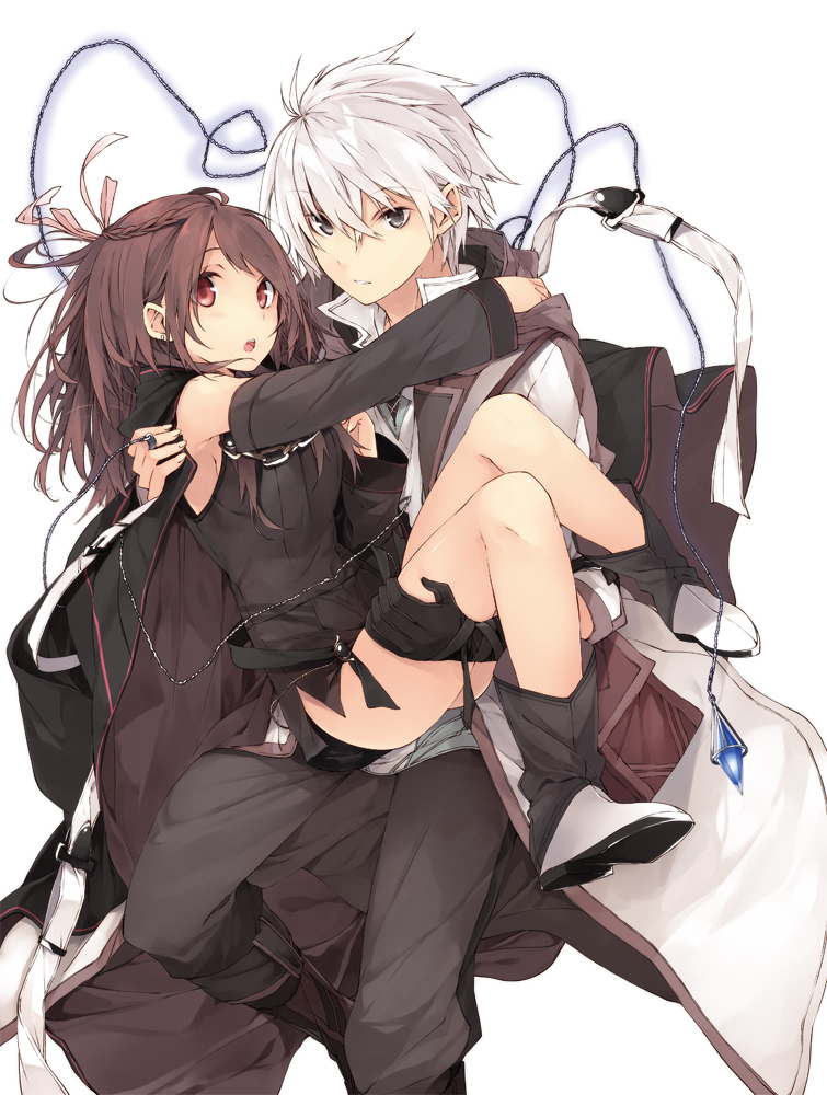 1boy 1girl ass bow braid brown_eyes brown_hair cape carrying character_request copyright_request detached_sleeves grey_eyes hair_bow hair_ribbon kuwashima_rein long_hair looking_at_viewer official_art princess_carry ribbon single_braid white_hair