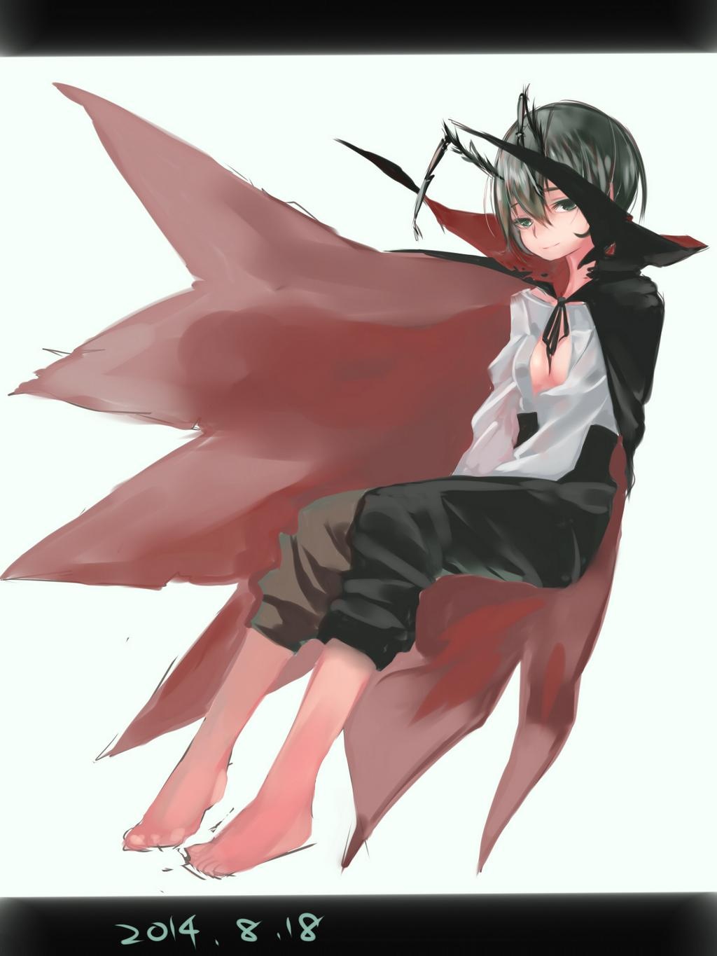 1girl antennae barefoot black_pants breasts cape dated dress_shirt full_body green_eyes green_hair highres letterboxed long_sleeves looking_at_viewer namauni open_clothes open_shirt pants shirt short_hair simple_background small_breasts smile solo touhou v_arms white_background white_shirt wriggle_nightbug