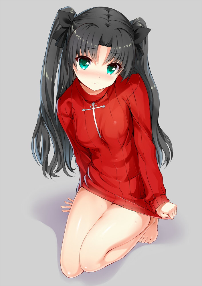 1girl 3: arudehido barefoot black_hair blush breasts fate/stay_night fate_(series) green_eyes hair_ribbon long_hair looking_at_viewer md5_mismatch naked_sweater no_legwear revision ribbed_sweater ribbon shirt_tug simple_background solo sweater tohsaka_rin toosaka_rin two_side_up