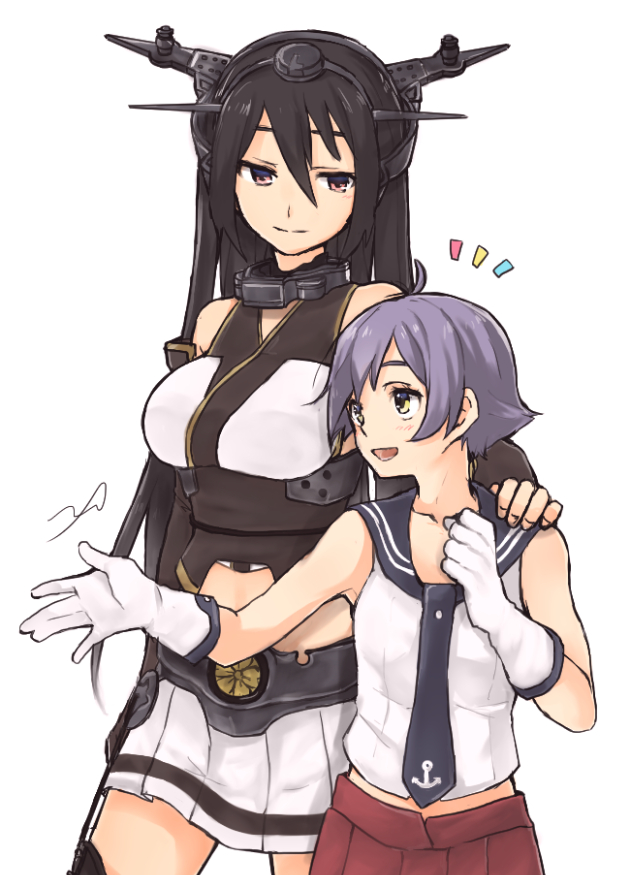 2girls ahoge anchor_symbol bare_shoulders black_hair elbow_gloves fingerless_gloves gloves hand_on_another's_shoulder headgear height_difference kantai_collection long_hair multiple_girls nagato_(kantai_collection) natsume_(na_tsumen) pleated_skirt purple_hair red_eyes red_skirt sailor_collar sakawa_(kantai_collection) school_uniform serafuku short_hair skirt sleeveless sleeveless_shirt smile white_gloves white_skirt