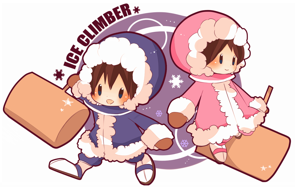 1boy 1girl artist_request brown_hair gloves hood hooded hooded_jacket ice_climber ice_climbers long_sleeves mallet nana_(ice_climber) nintendo parka popo_(ice_climber) snowflakes solid_oval_eyes star super_smash_bros. weapon