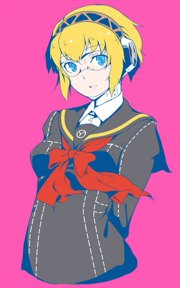 1girl aegis aegis_(persona) android arms_behind_back blonde_hair blue_eyes bow em glasses headphones persona persona_3 school_uniform short_hair smile solo