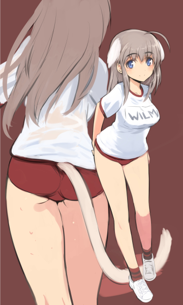 1girl ahoge animal_ears ass blue_eyes blush breasts buruma cat_ears cat_tail gym_uniform long_hair looking_at_viewer name_tag shimada_fumikane smile solo strike_witches tail wilma_bishop
