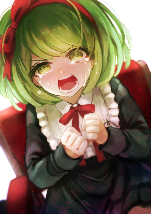 1girl black_dress chiko_(d04099) crying crying_with_eyes_open dangan_ronpa dress green_eyes green_hair hair_ribbon hairband monaka_(dangan_ronpa) open_mouth ribbon short_hair solo symbol-shaped_pupils tears wheelchair zettai_zetsubou_shoujo