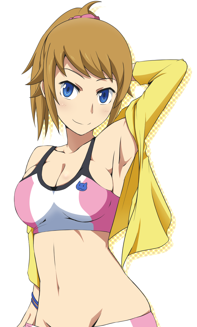 1girl anzuu arm_behind_head blue_eyes breasts brown_hair gundam gundam_build_fighters gundam_build_fighters_try hoshino_fumina jacket looking_at_viewer navel ponytail short_hair simple_background smile solo sports_bra white_background
