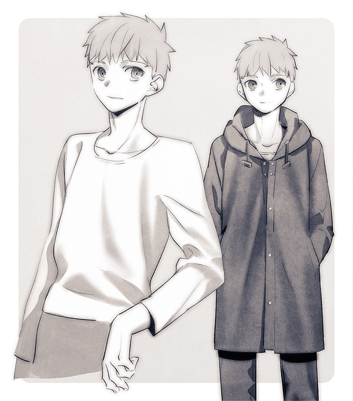 2boys dual_persona emiya_shirou fate/stay_night fate_(series) greyscale monochrome multiple_boys raincoat tam_(cuq)