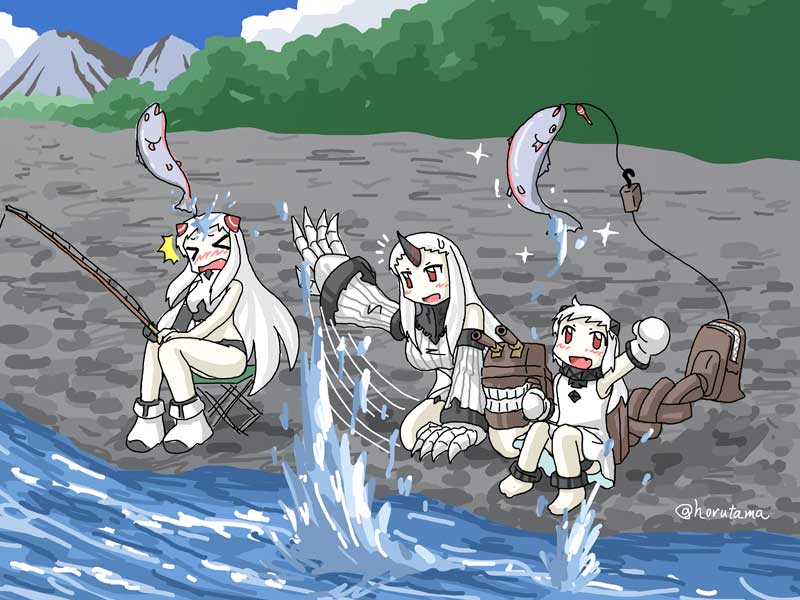 3girls :d airfield_hime blush claws detached_sleeves fisging fish fishing_rod holding horn horns horten kantai_collection long_hair machinery mittens multiple_girls northern_ocean_hime open_mouth red_eyes seaport_hime shinkaisei-kan sittting smile sweat turret