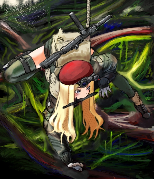 1girl backpack bag beret blonde_hair blue_eyes camouflage coh gloves green_legwear gun hat jacket knife long_sleeves military military_uniform mouth_hold nature original solo thigh-highs uniform weapon