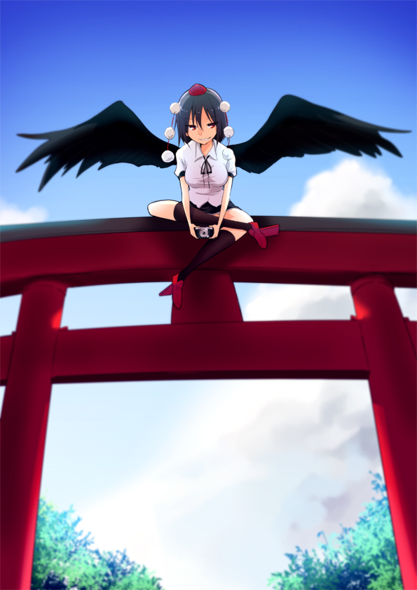 1girl bird_wings black_hair black_wings blue_sky camera chipa_(arutana) clouds convenient_censoring geta hat hat_ribbon indian_style miniskirt puffy_short_sleeves puffy_sleeves red_eyes ribbon shameimaru_aya shirt short_sleeves sitting sitting_on_torii skirt sky smirk solo tokin_hat torii touhou upskirt wings