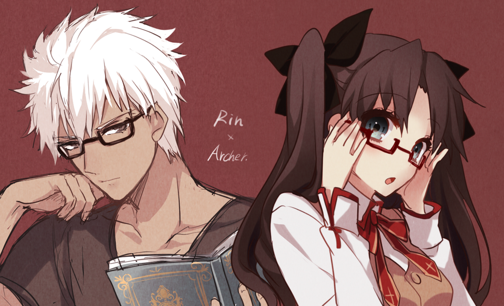 1boy 1girl :o adjusting_glasses archer bespectacled black-framed_glasses black_eyes blue_eyes book bow brown_hair bust character_name dark_skin fate/stay_night fate_(series) glasses hair_bow ichinose_yukino looking_at_viewer red-framed_glasses red_background school_uniform semi-rimless_glasses sketch t-shirt tohsaka_rin toosaka_rin under-rim_glasses white_hair