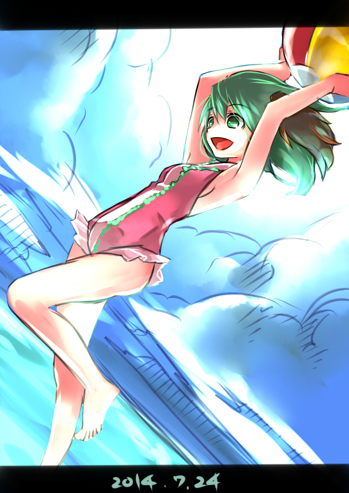 1girl adapted_costume animal_ears blue_sky blush breasts clouds cloudy_sky dated double_frill_skirt_swimsuit frilled_swimsuit frills green_eyes green_hair kasodani_kyouko letterboxed namauni nontraditional_school_swimsuit ocean one-piece_swimsuit open_mouth outdoors school_swimsuit short_hair sketch sky smile solo swimsuit touhou water