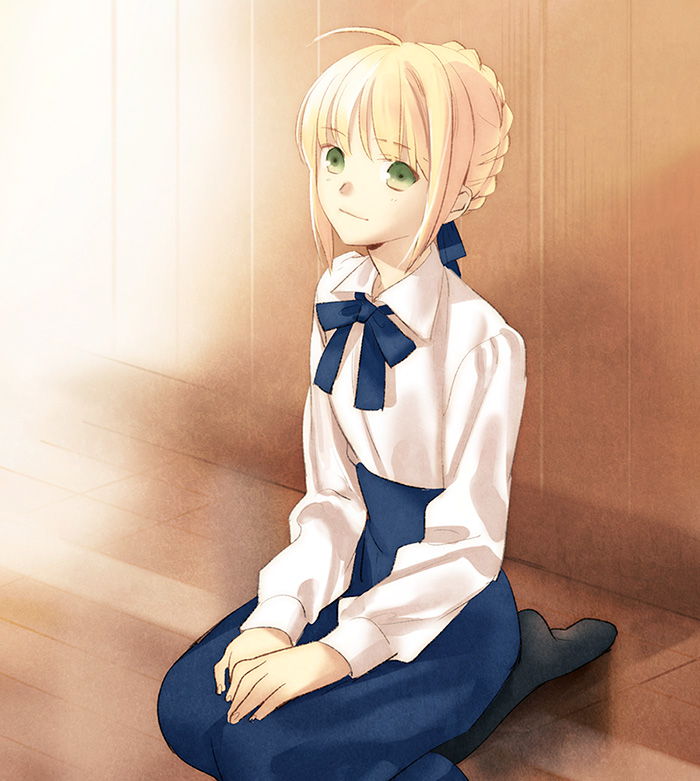 1girl ahoge blonde_hair casual fate/stay_night fate_(series) green_eyes kneeling pantyhose saber smile solo tam_(cuq)