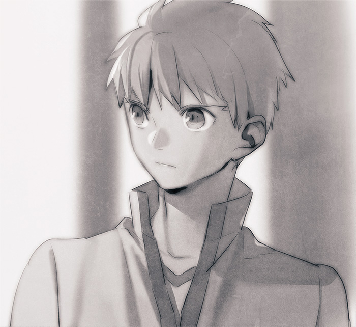 1boy emiya_shirou fate/stay_night fate_(series) greyscale monochrome school_uniform solo tam_(cuq)