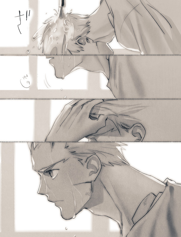 archer comic fate/stay_night fate_(series) greyscale hair_slicked_back monochrome silent_comic tam_(cuq) washing_hair