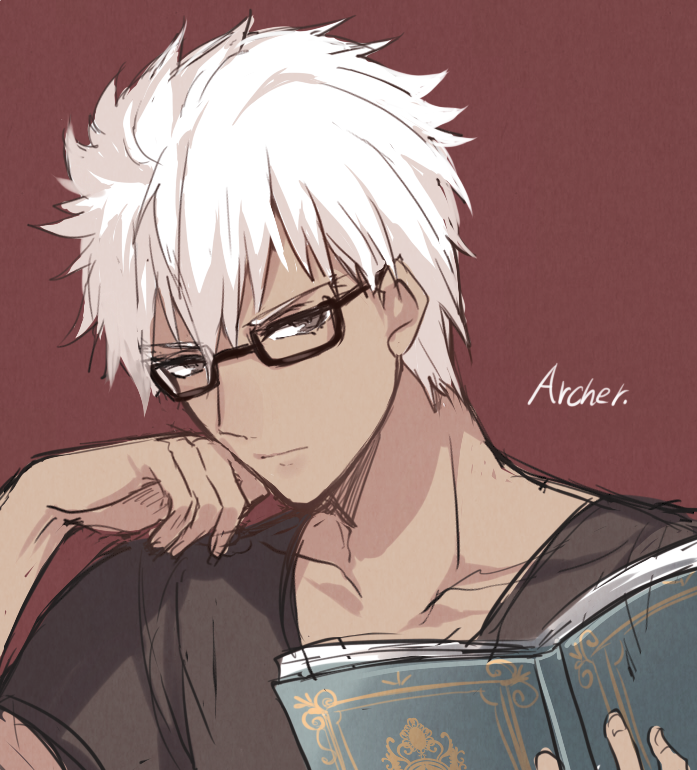 1boy archer bespectacled black-framed_glasses black_eyes book bust character_name dark_skin fate/stay_night fate_(series) glasses ichinose_yukino looking_at_viewer red_background sketch solo t-shirt white_hair