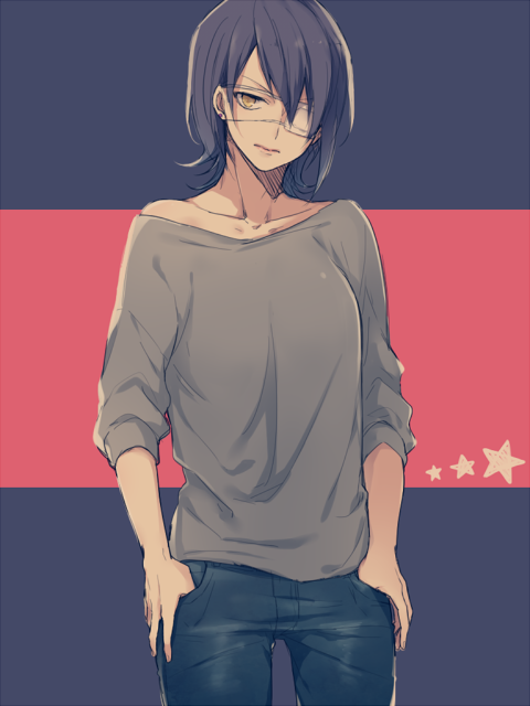 1girl bangs collarbone denim eyepatch grey_shirt hair_over_one_eye jeans kantai_collection looking_at_viewer off_shoulder pants purple_hair shirt short_hair solo star tenryuu_(kantai_collection) thumbs_in_pockets yellow_eyes yue_teitoku