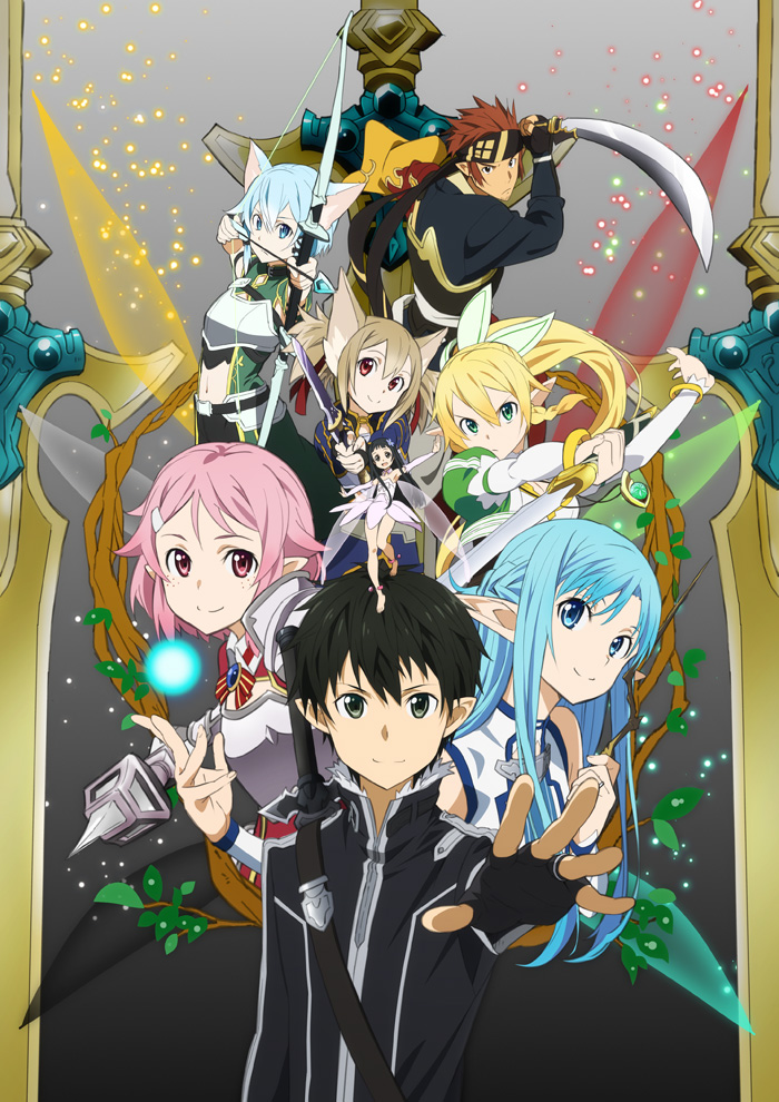 6+girls animal_ears asuna_(sao-alo) black_eyes black_gloves black_hair blue_eyes blue_hair bow_(weapon) brown_hair cat_ears fingerless_gloves freckles gloves gradient gradient_background green_eyes hair_ornament hairclip headband katana kirito_(sao-alo) klein_(sao-alo) knife leafa light_particles lisbeth_(sao-alo) long_hair looking_at_viewer mace multiple_girls official_art outstretched_hand pink_eyes pink_hair pointy_ears ponytail red_eyes redhead shinon_(sao-alo) short_hair silica_(sao-alo) sword sword_art_online weapon wings