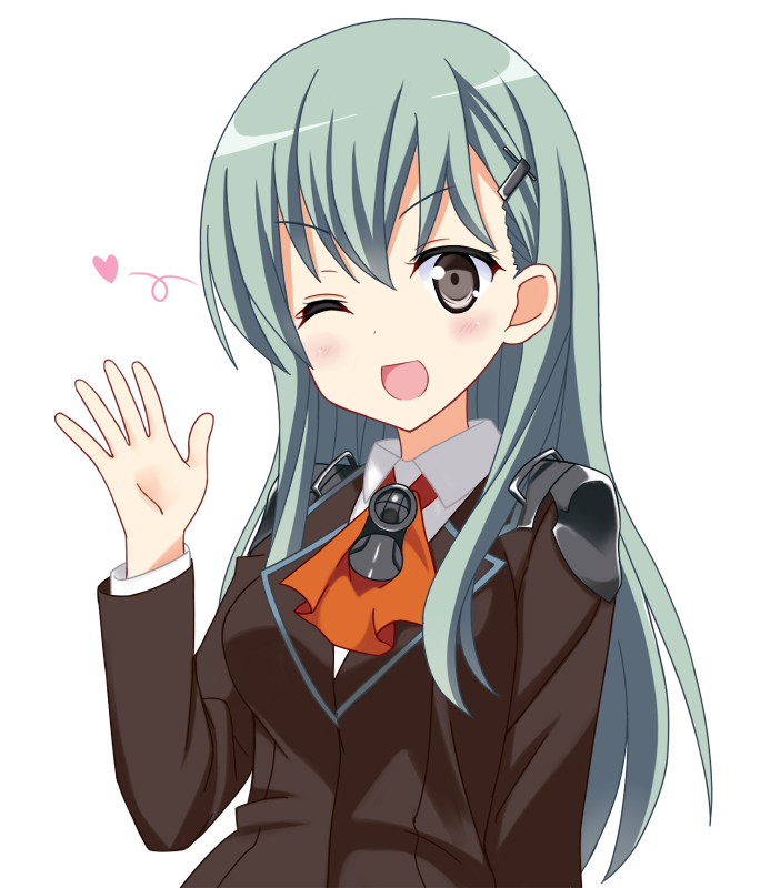 1girl ;d aqua_hair ascot blush bust grey_eyes hair_ornament hairclip heart icetiina kantai_collection long_hair looking_at_viewer one_eye_closed open_mouth school_uniform simple_background smile solo suzuya_(kantai_collection) waving white_background