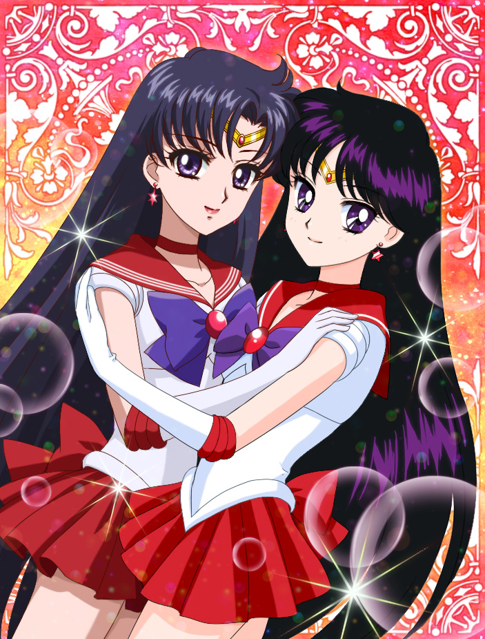 2girls bangs bishoujo_senshi_sailor_moon bishoujo_senshi_sailor_moon_crystal bow choker circlet comparison earrings elbow_gloves gloves gradient gradient_background hino_rei jewelry long_hair looking_at_viewer mizuha_(aqua_no_hane) multiple_girls official_style parted_bangs pleated_skirt red_skirt sailor_mars skirt sparkle touching very_long_hair white_gloves
