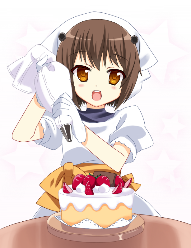 1girl alternate_costume blush brown_hair bust cake food fruit gloves head_scarf headgear icetiina kantai_collection looking_at_viewer open_mouth puffy_short_sleeves puffy_sleeves short_hair short_sleeves simple_background solo strawberry white_background white_gloves yukikaze_(kantai_collection)