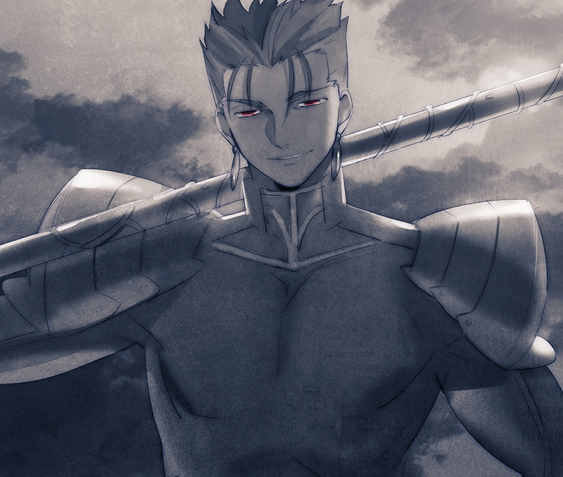 1boy earrings fate/stay_night fate_(series) gae_bolg jewelry lancer polearm red_eyes solo spear spot_color tam_(cuq) weapon