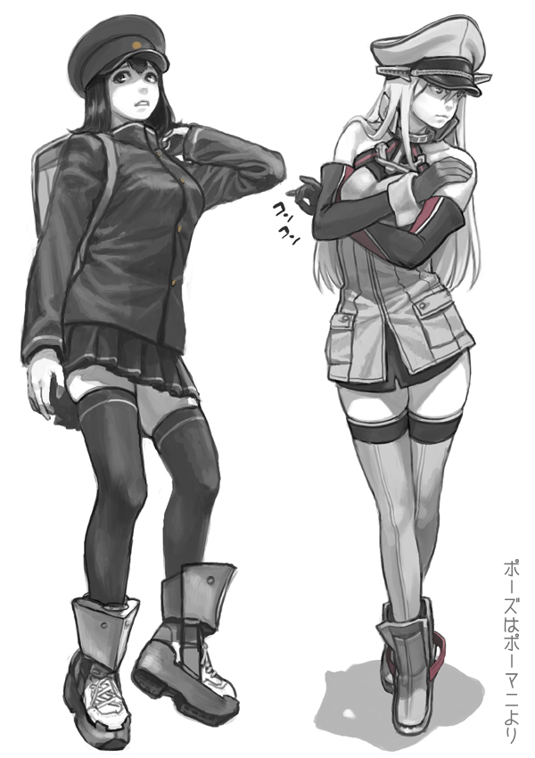 2girls akitsu_maru_(kantai_collection) backpack bag bare_shoulders bismarck_(kantai_collection) collarbone expressionless facing_viewer full_body gufu6 hat jacket kantai_collection long_hair looking_away military military_hat military_uniform monochrome multiple_girls pale_skin parted_lips peaked_cap pleated_skirt shadow skirt spot_color thigh-highs uniform zettai_ryouiki