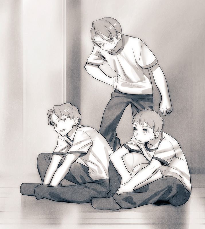 3boys emiya_shirou fate/stay_night fate_(series) glasses greyscale matou_shinji monochrome multiple_boys ryuudou_issei tam_(cuq)