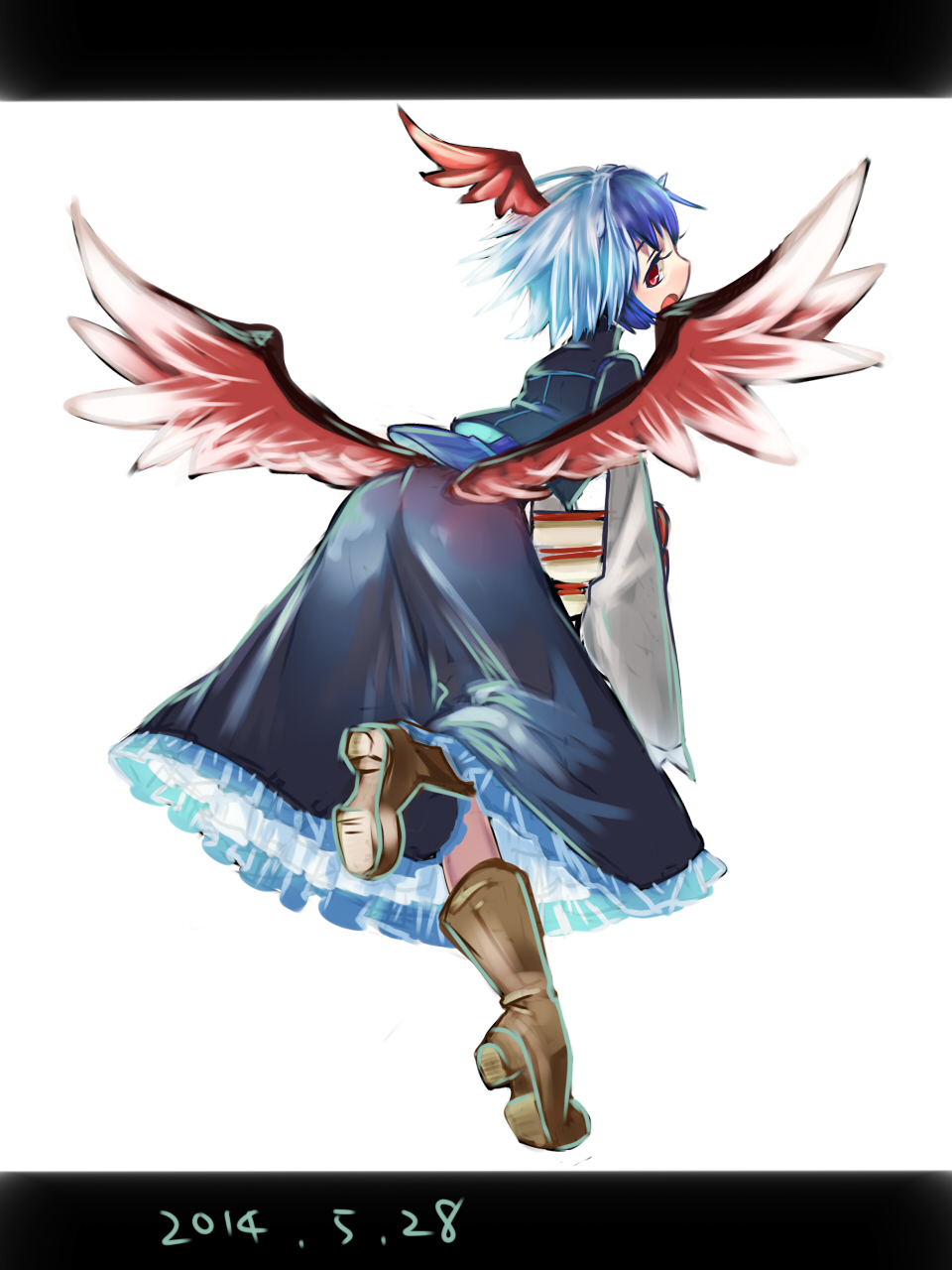 1girl bird_wings blue_hair book boots dated frilled_skirt frills head_wings highres horns knee_boots letterboxed long_sleeves looking_at_viewer looking_back multicolored_hair namauni red_eyes shirt short_sleeves silver_hair simple_background skirt solo streaked_hair tokiko_(touhou) touhou vest white_background wide_sleeves wings