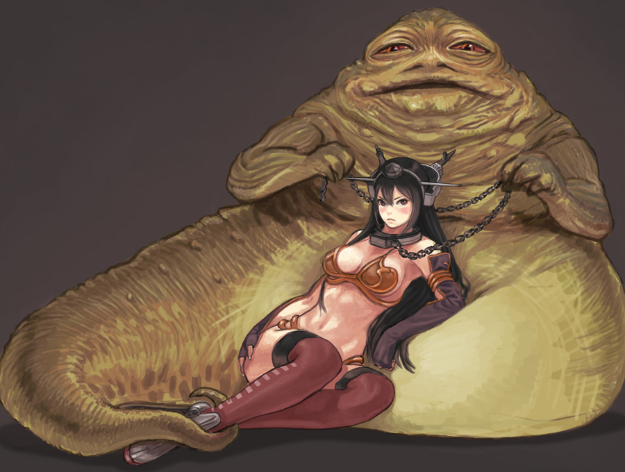 1girl bikini chain collar crossover elbow_gloves gloves gufu6 jabba_the_hutt kantai_collection leash monster nagato_(kantai_collection) princess_leia_organa_solo_(cosplay) sitting sitting_on_person slave star_wars swimsuit thigh-highs