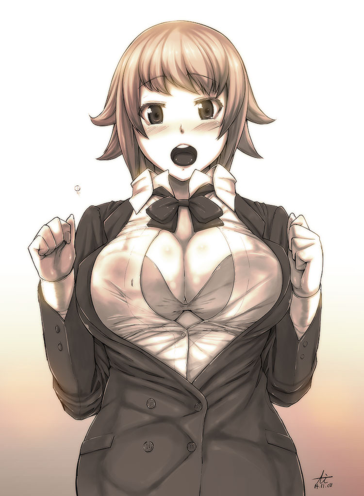 1girl blush bowtie bra breasts bursting_breasts cleavage formal gundam gundam_build_fighters gundam_build_fighters_try hoshino_fumina large_breasts looking_at_viewer monochrome open_clothes open_mouth open_shirt popped_button sepia short_hair solo tuxedo underwear yoshida_inuhito