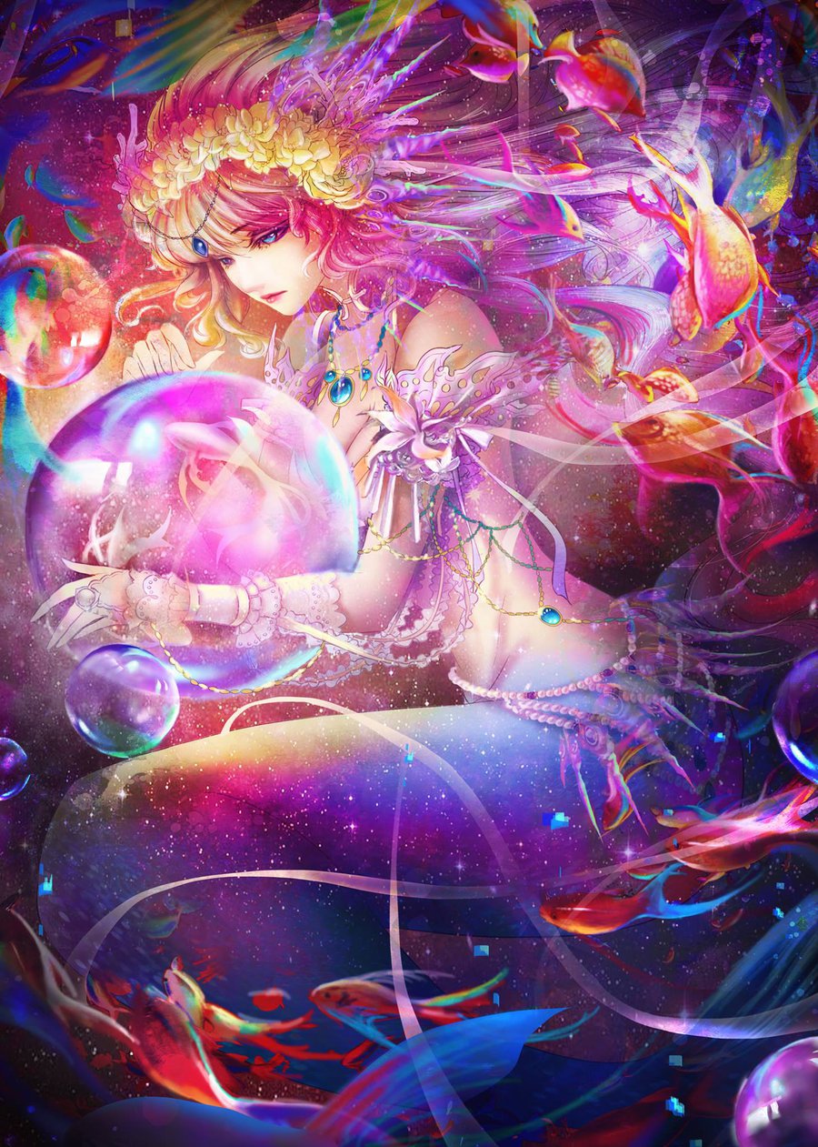 1girl armband belly_chain blonde_hair blue_eyes breasts bridal_gauntlets bubble collaboration fish full_body gradient_hair highres jewelry long_hair mermaid monster_girl multicolored_hair necklace nguy_thuy_ngan omocha-san original purple_hair redhead scales solo underwater