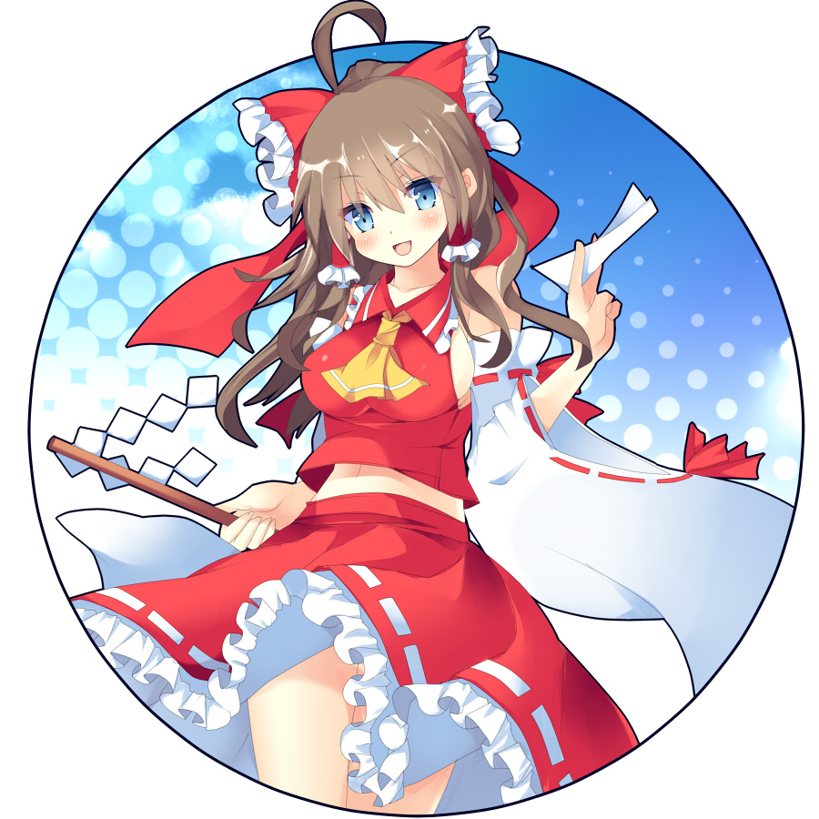 1girl :d ahoge blue_eyes blush bow breasts brown_hair detached_sleeves gohei hair_bow hair_tubes hakurei_reimu long_hair looking_at_viewer midriff navel open_mouth red_skirt skirt smile solo touhou wide_sleeves