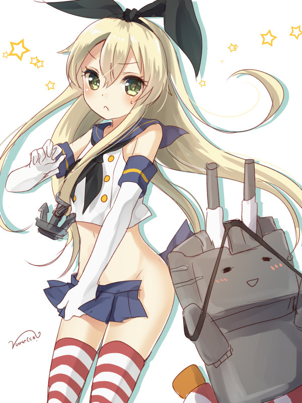 1girl anchor_hair_ornament blonde_hair blush bow cowboy_shot crop_top crop_top_overhang elbow_gloves gloves green_eyes hair_bow kantai_collection long_hair midriff no_panties nunucco open_clothes open_skirt panties panties_removed rensouhou-chan sailor_collar shimakaze_(kantai_collection) signature simple_background skirt star striped striped_legwear sweat thigh-highs underwear white_background