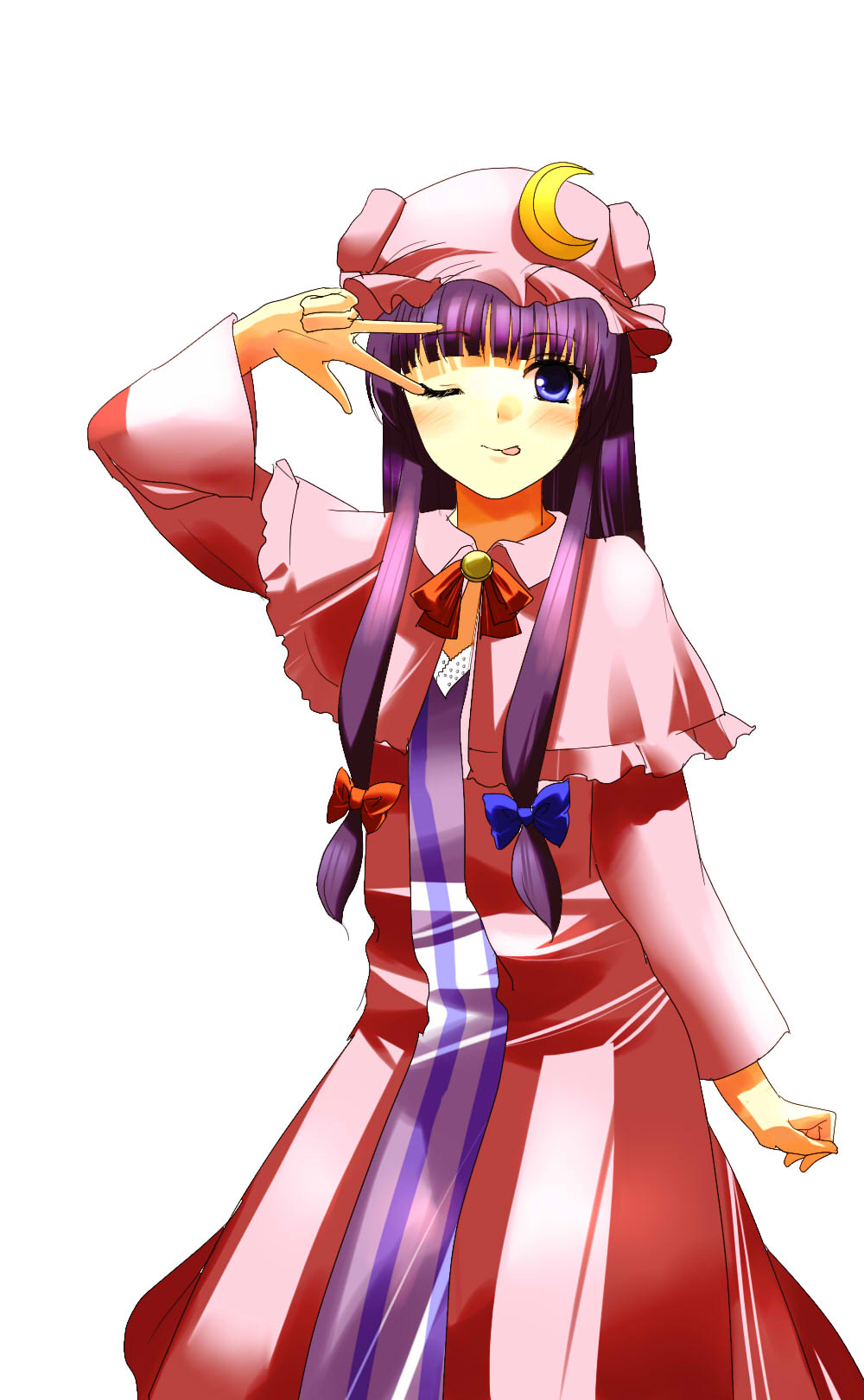 1girl bow bowtie capelet chair cowboy_shot crescent crescent_hair_ornament crescent_moon dress hair_bow hair_ornament hair_ribbon hand_to_head hat hat_bow highres long_hair long_sleeves looking_at_viewer mob_cap moon one_eye_closed patchouli_knowledge purple_dress purple_hair ribbon robe simple_background solo standing striped striped_dress tongue tongue_out touhou tress_ribbon v violet_eyes white_background