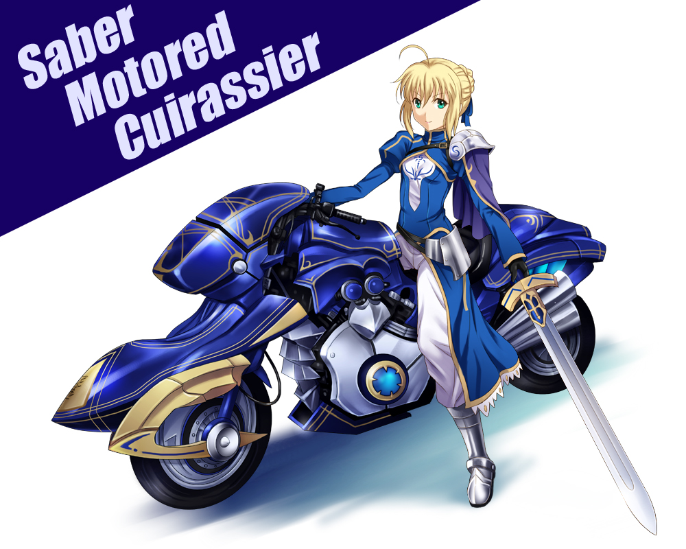 1girl adapted_costume ahoge aqua_eyes black_gloves blonde_hair capelet excalibur fate/stay_night fate_(series) faulds gloves greaves juliet_sleeves long_sleeves looking_at_viewer motor_vehicle motorcycle puffy_sleeves riding saber shian_(my_lonly_life.) short_hair solo spaulders vehicle