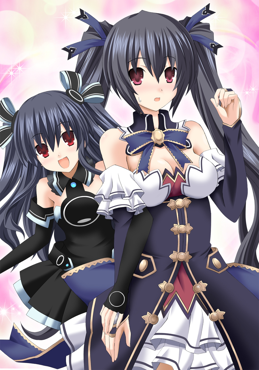 2girls bare_shoulders black_dress black_gloves black_hair blush breasts choujigen_game_neptune cleavage detached_collar dress elbow_gloves fingerless_gloves gloves hair_ribbon highres kagura_ittou long_hair multiple_girls neptune_(series) noire open_mouth redhead ribbon siblings sisters smile twintails two_side_up uni_(choujigen_game_neptune)